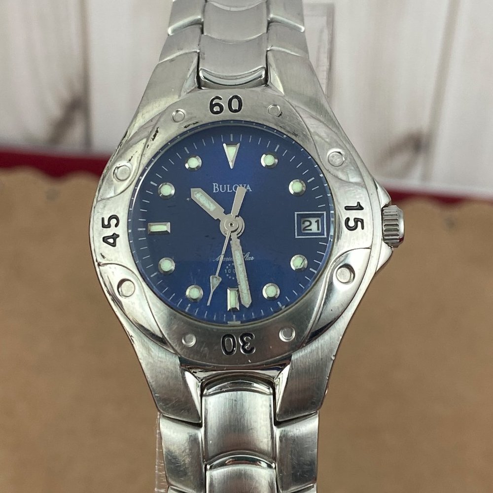 Bulova Watch Marine Star Satin Finish Stainless Steel Highly Polished Blue Watch
